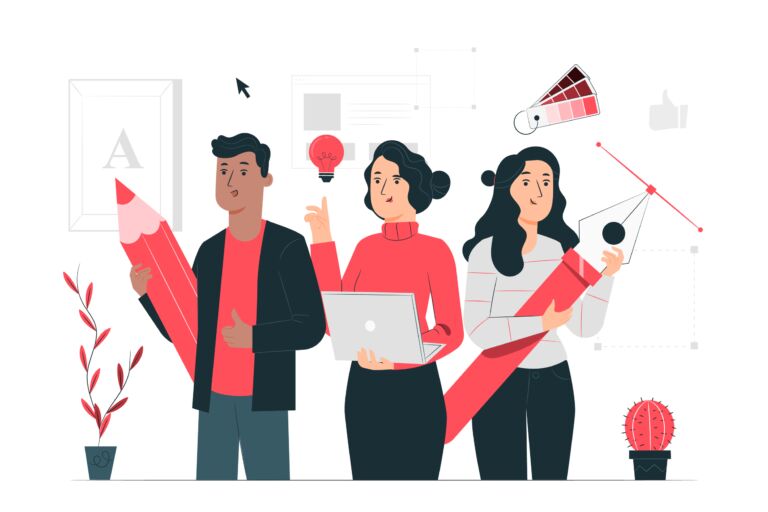 A man holding a giant pencil next to two women holding a laptop and giant pen, respectively